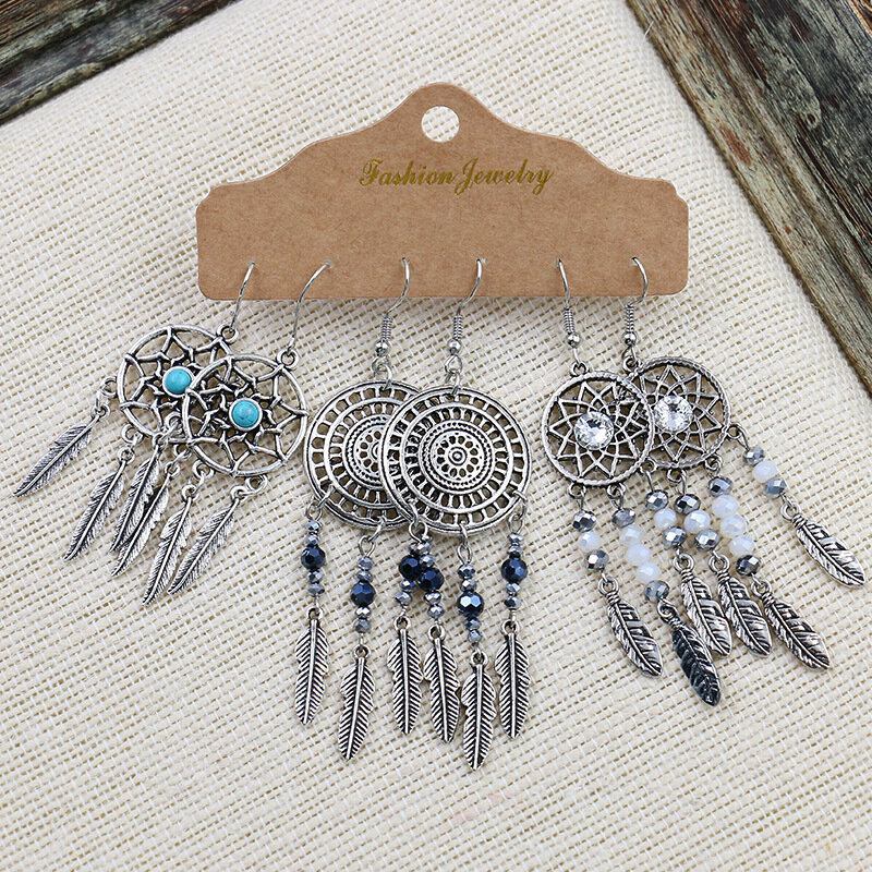 Σετ Σκουλαρίκια Με Φούντα Bohemian Geometric Dreamcatcher Ethnic Κούφια Με Σταγόνα Νερού