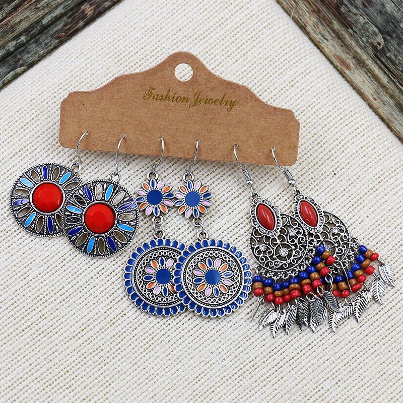 Σετ Σκουλαρίκια Με Φούντα Bohemian Geometric Dreamcatcher Ethnic Κούφια Με Σταγόνα Νερού