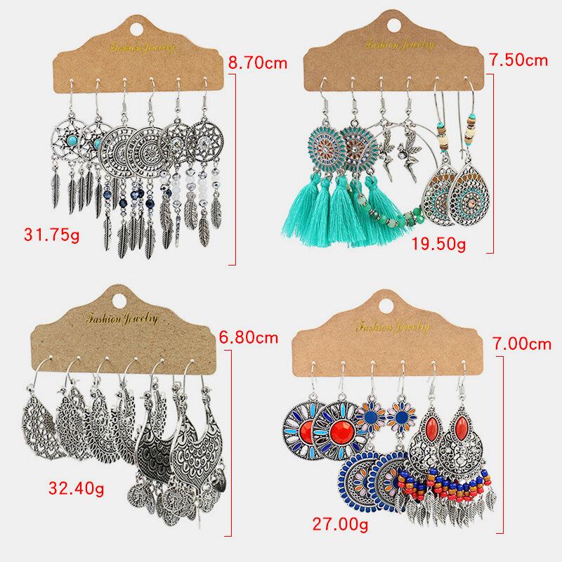 Σετ Σκουλαρίκια Με Φούντα Bohemian Geometric Dreamcatcher Ethnic Κούφια Με Σταγόνα Νερού