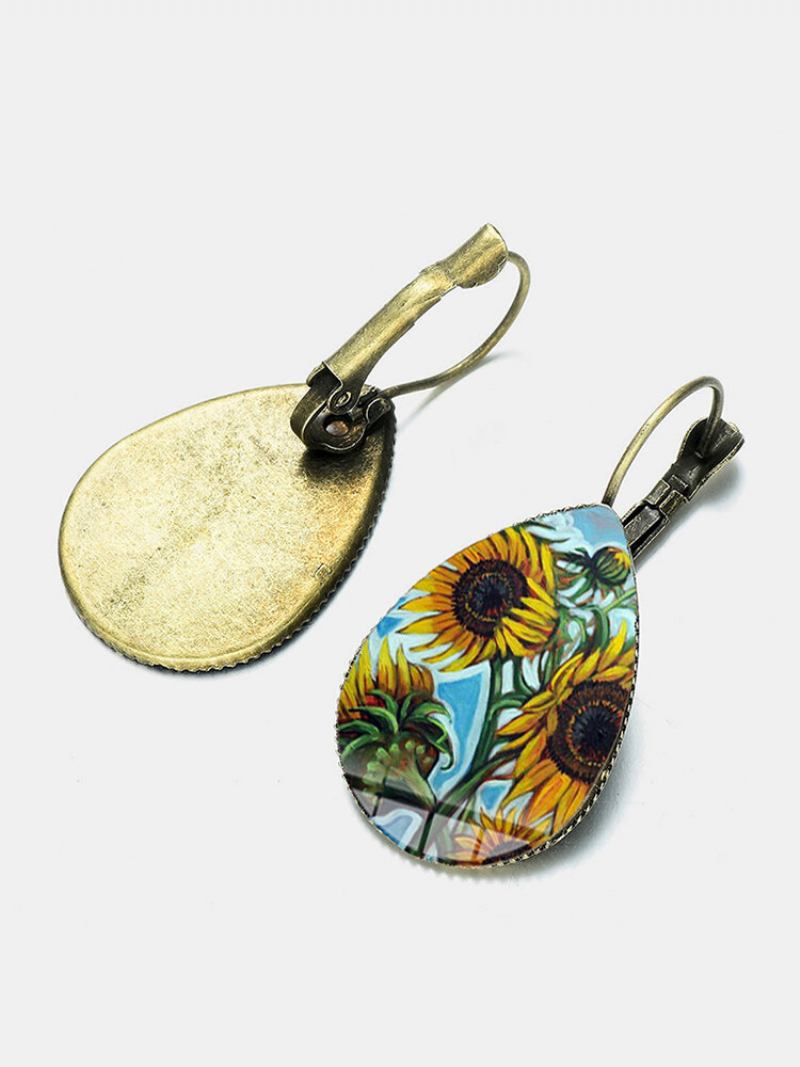 Σκουλαρίκια Bohemian Sun Flower Print Water Drop Shape Sunflower Gem Mount Ear Hook Γυναικεία Κοσμήματα Δώρα