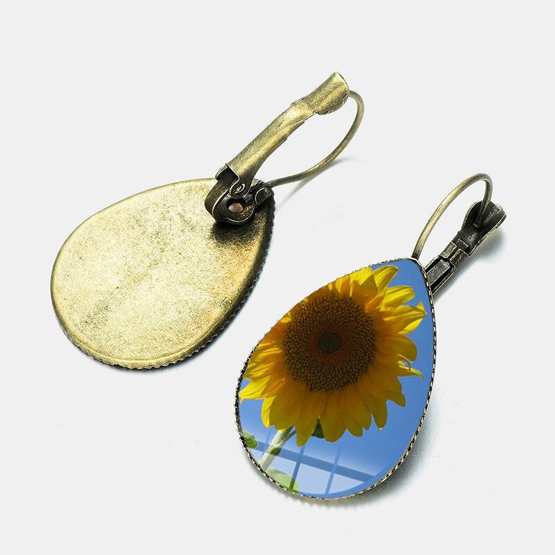 Σκουλαρίκια Bohemian Sun Flower Print Water Drop Shape Sunflower Gem Mount Ear Hook Γυναικεία Κοσμήματα Δώρα