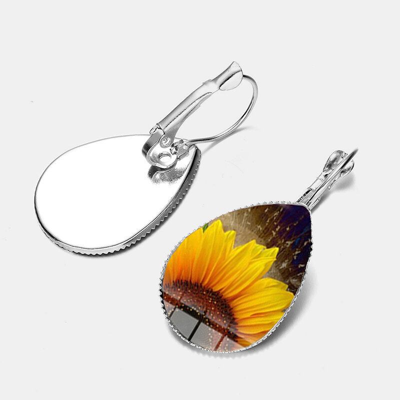 Σκουλαρίκια Bohemian Sun Flower Print Water Drop Shape Sunflower Gem Mount Ear Hook Γυναικεία Κοσμήματα Δώρα