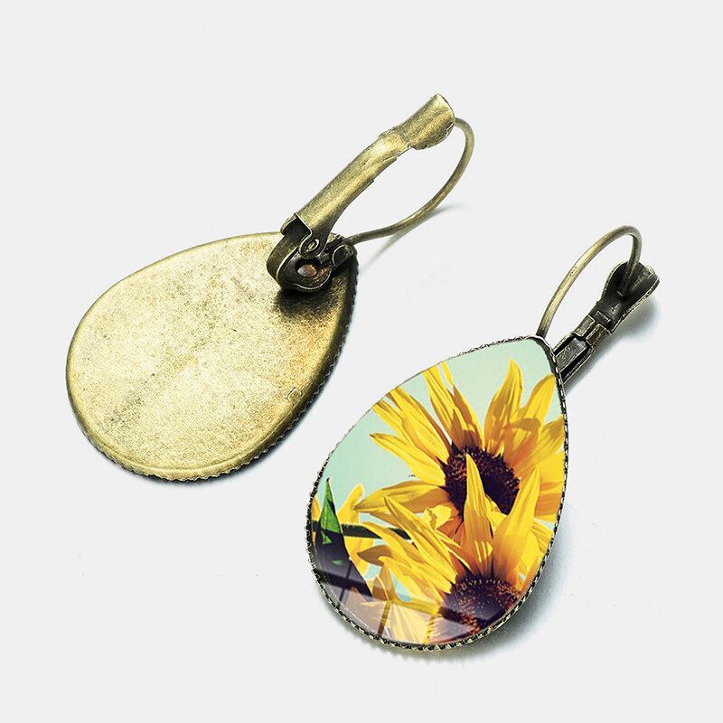 Σκουλαρίκια Bohemian Sun Flower Print Water Drop Shape Sunflower Gem Mount Ear Hook Γυναικεία Κοσμήματα Δώρα