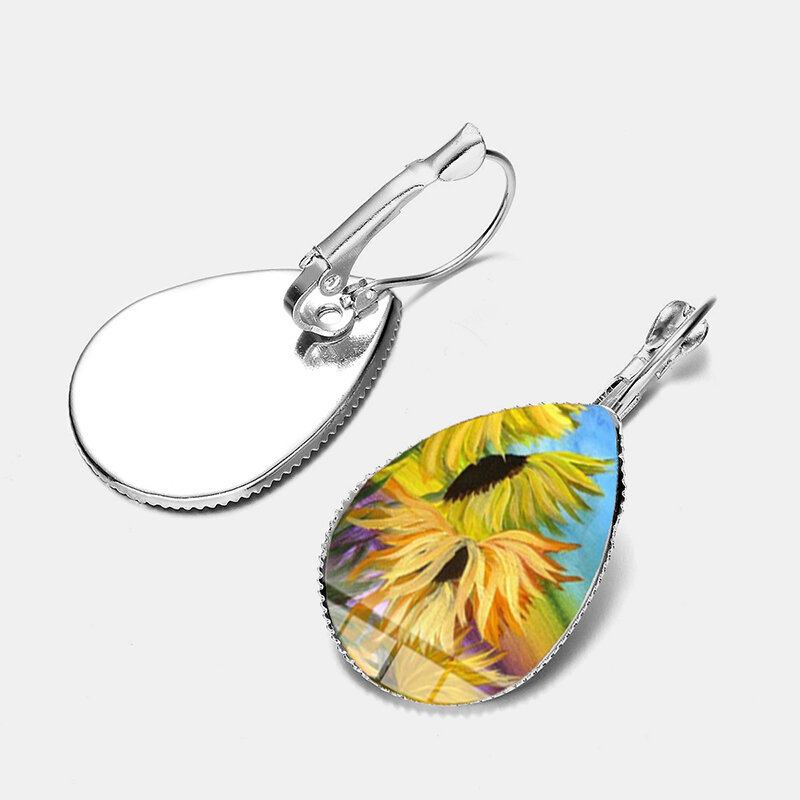 Σκουλαρίκια Bohemian Sun Flower Print Water Drop Shape Sunflower Gem Mount Ear Hook Γυναικεία Κοσμήματα Δώρα