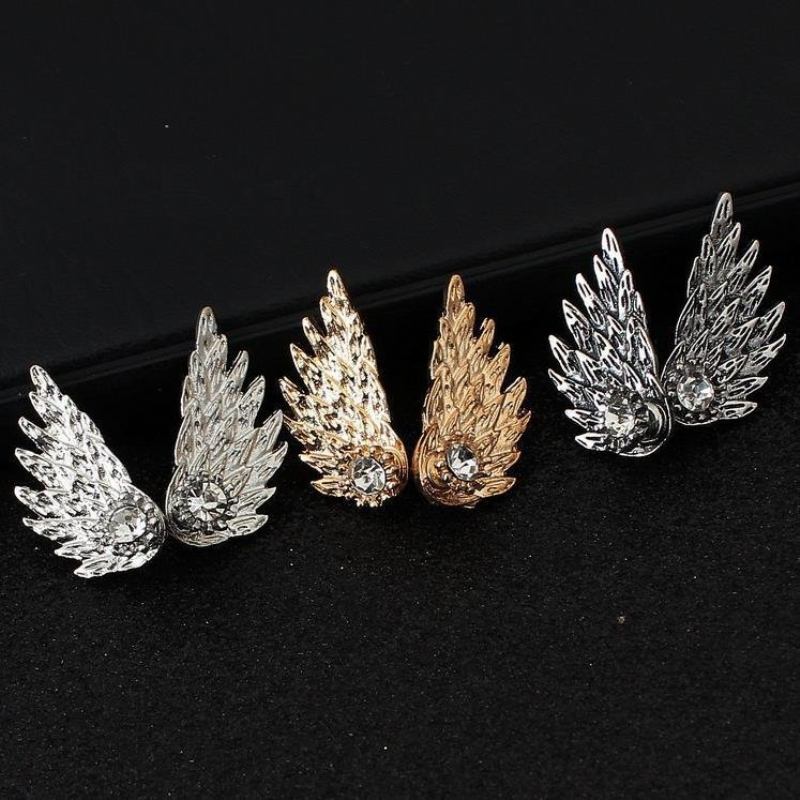 Vintage Ear Stud Σκουλαρίκια Angel Wings Feather Rhinestone Piercing Χαριτωμένα Κοσμήματα Για Γυναίκες