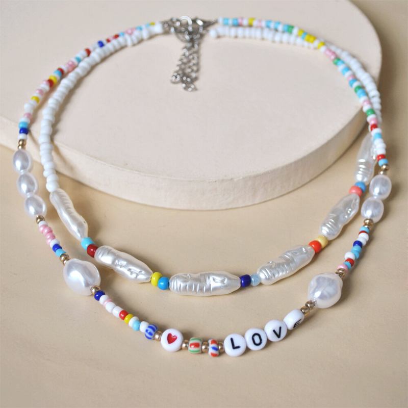 2 Τμχ Bohemian Combination Letter Love Beaded Κολιέ Σετ Ρυθμιζόμενο Με Πέρλες Ειδικού Σχήματος