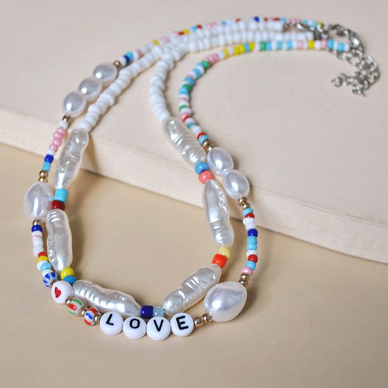 2 Τμχ Bohemian Combination Letter Love Beaded Κολιέ Σετ Ρυθμιζόμενο Με Πέρλες Ειδικού Σχήματος