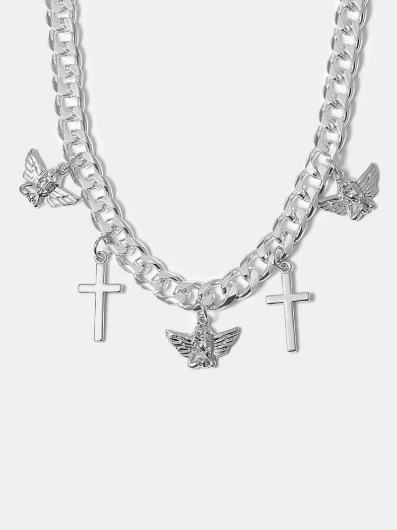 2 Τμχ/σετ Vintage Simple Little Angel Cross Κρεμαστό Σταυρό Αλυσίδα Κουβανική Από Κράμα Διπλής Στρώσης Κολιέ