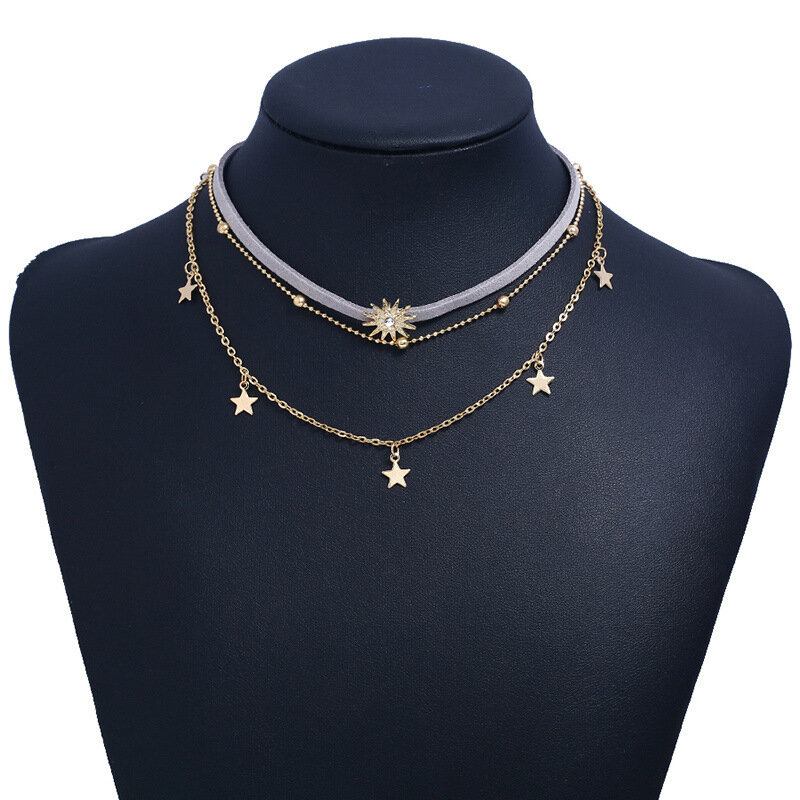 Κολιέ Bohemian Metal Geometric Pentagram Tassel Multi-layer Με Δερμάτινο Κρεμαστό Κόσμημα Από Στρας