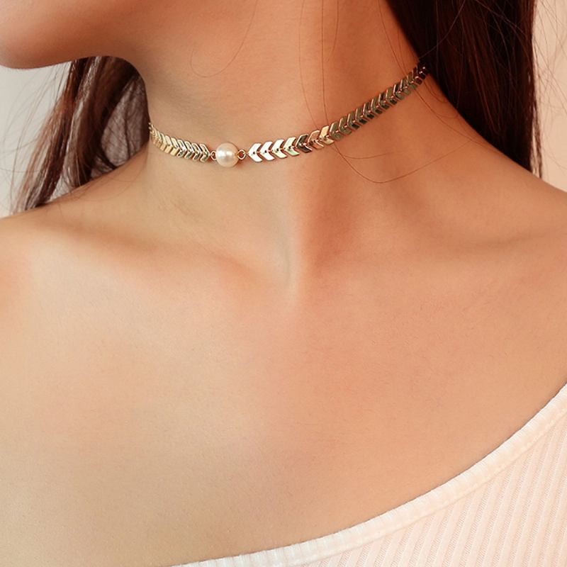 Κολιέ Fishbone Choker Αλυσίδα Κρεμαστό Μαργαριτάρι Casual Για Γυναίκες Και Κορίτσια