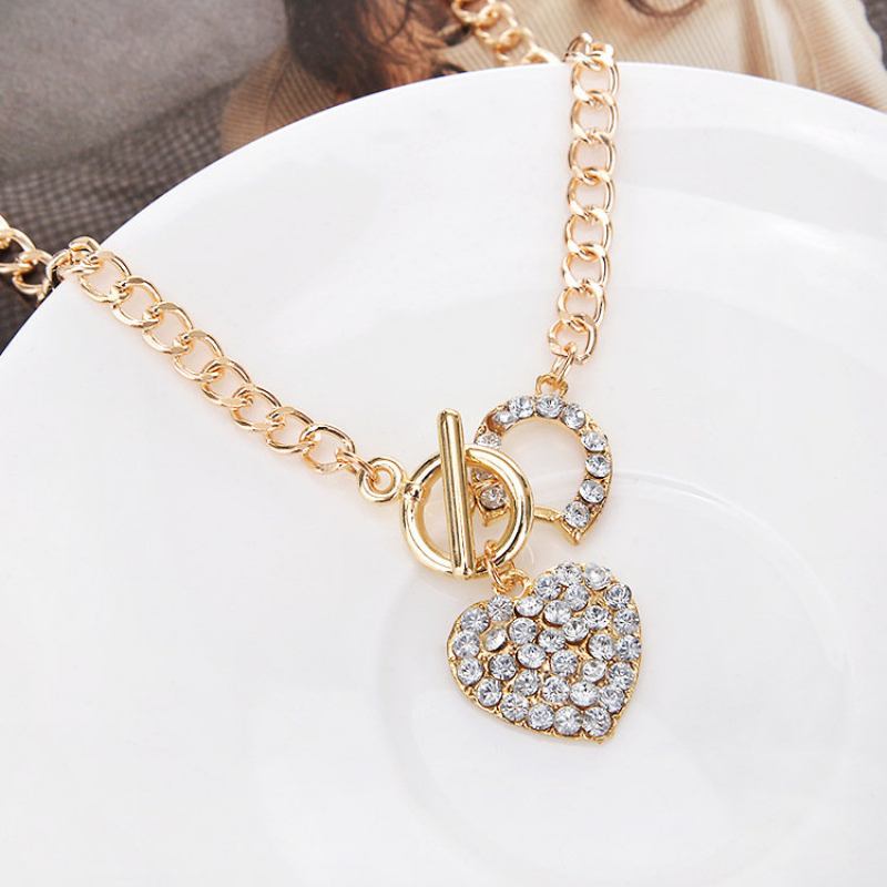 Κομψό Μενταγιόν Κολιέ Αλυσίδα Rhinestone Heart Circular Geometric Charm Γυναικεία Κοσμήματα