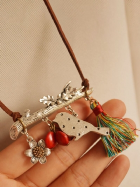 Vintage Ethnic Bird Flower Tassel Κόκκινη Αλυσίδα Πουλόβερ Μακρύ Κολιέ