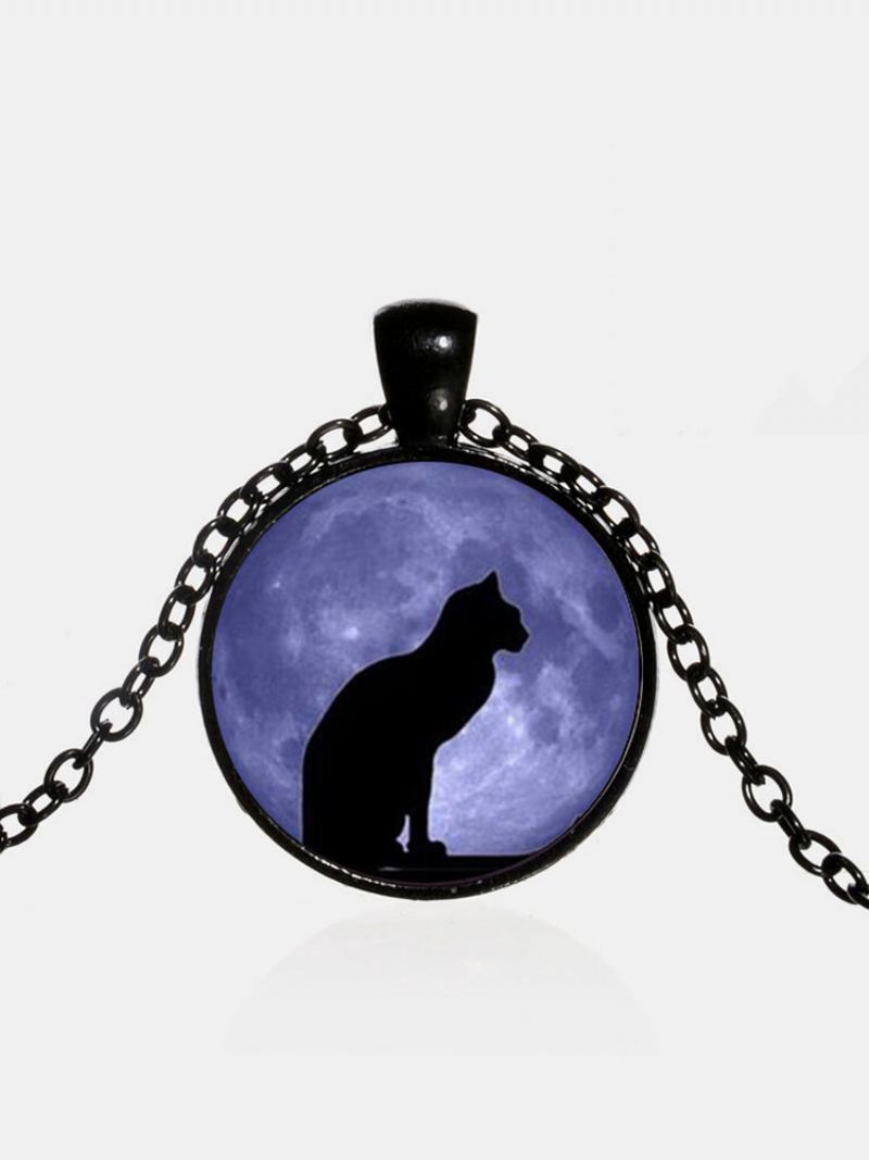 Vintage Γυαλί Με Στάμπα Γυναικείο Κολιέ Moon Starry Black Cat Φωτεινό Μενταγιόν Δώρο Κοσμήματος