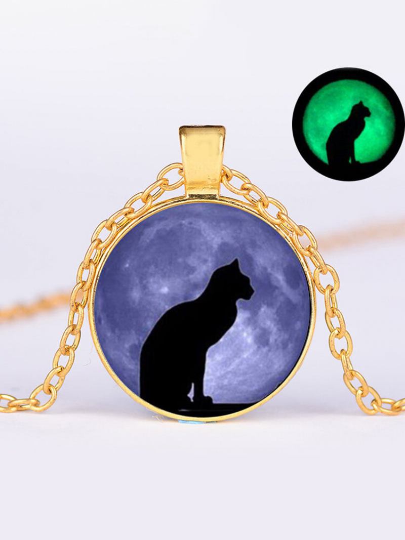 Vintage Γυαλί Με Στάμπα Γυναικείο Κολιέ Moon Starry Black Cat Φωτεινό Μενταγιόν Δώρο Κοσμήματος