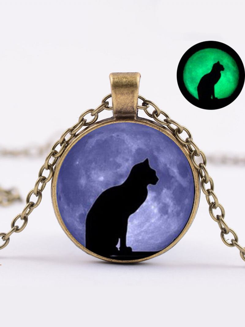 Vintage Γυαλί Με Στάμπα Γυναικείο Κολιέ Moon Starry Black Cat Φωτεινό Μενταγιόν Δώρο Κοσμήματος