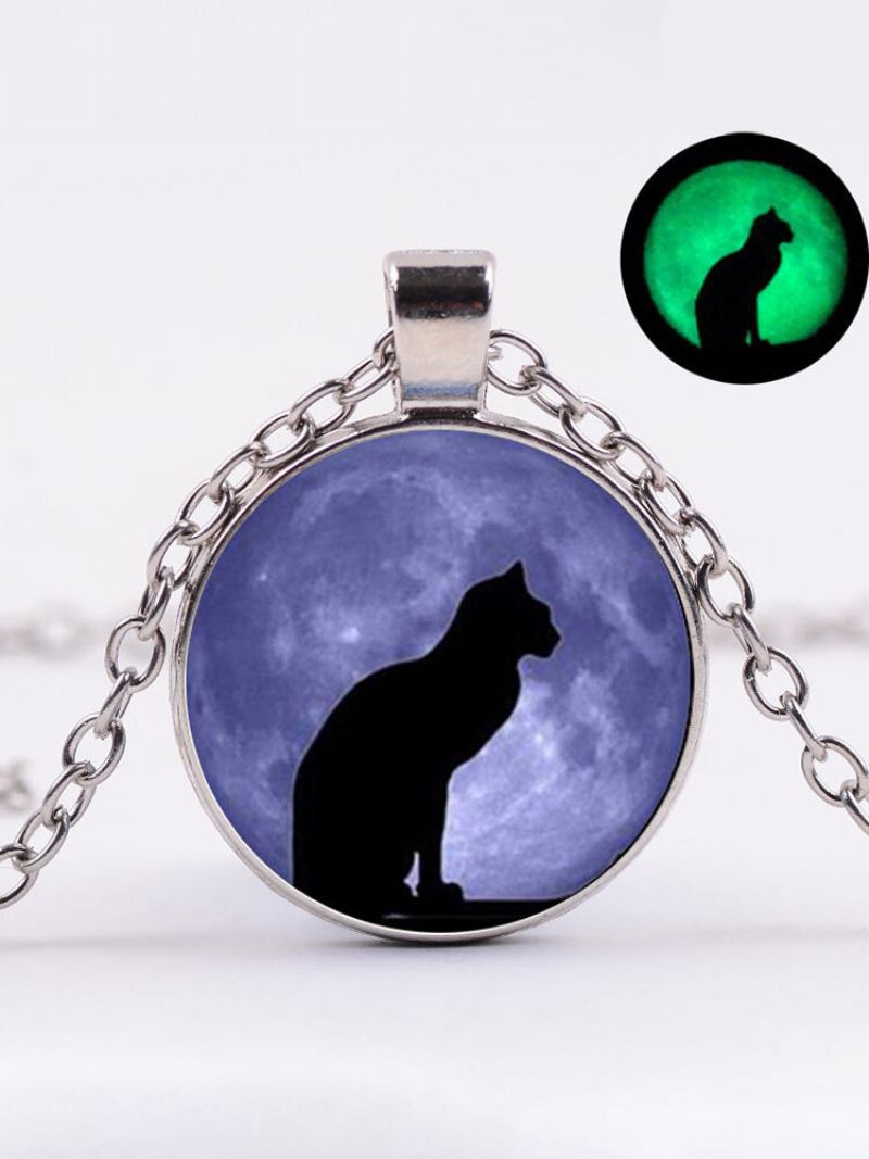 Vintage Γυαλί Με Στάμπα Γυναικείο Κολιέ Moon Starry Black Cat Φωτεινό Μενταγιόν Δώρο Κοσμήματος