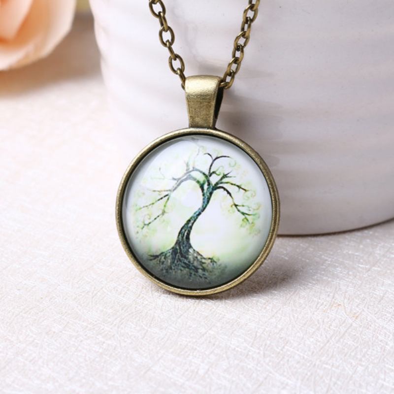 Vintage Κολιέ Tree Of Life Στρογγυλό Glass Time Gem Γούρι Για Γυναίκες