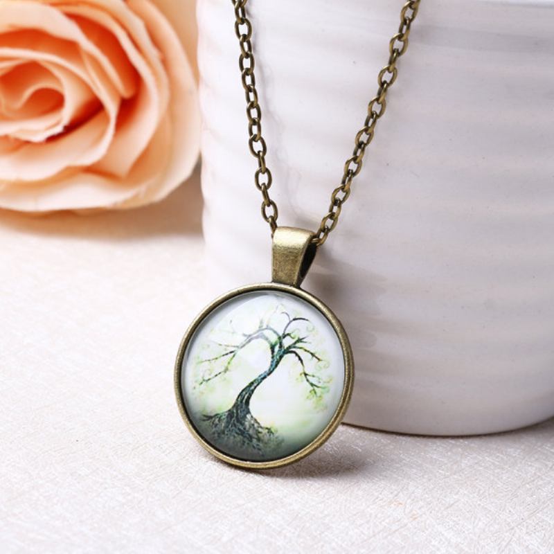 Vintage Κολιέ Tree Of Life Στρογγυλό Glass Time Gem Γούρι Για Γυναίκες