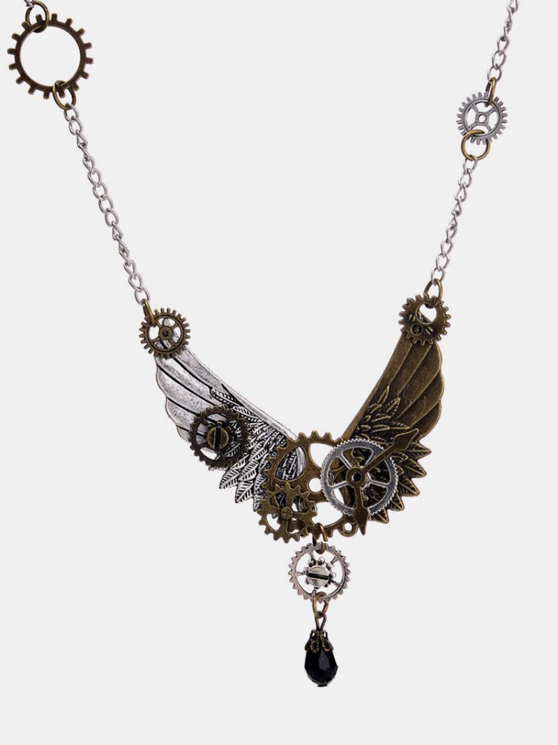 Vintage Unisex Κοσμήματα Steampunk Wings And Gear Κολιέ Crystal Drop Charm