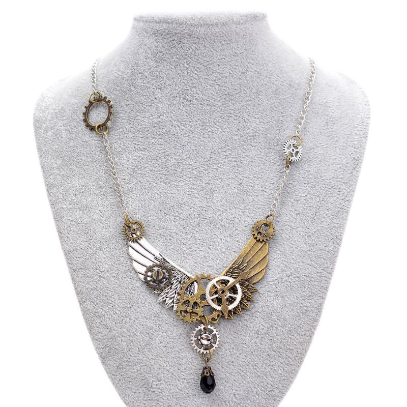 Vintage Unisex Κοσμήματα Steampunk Wings And Gear Κολιέ Crystal Drop Charm