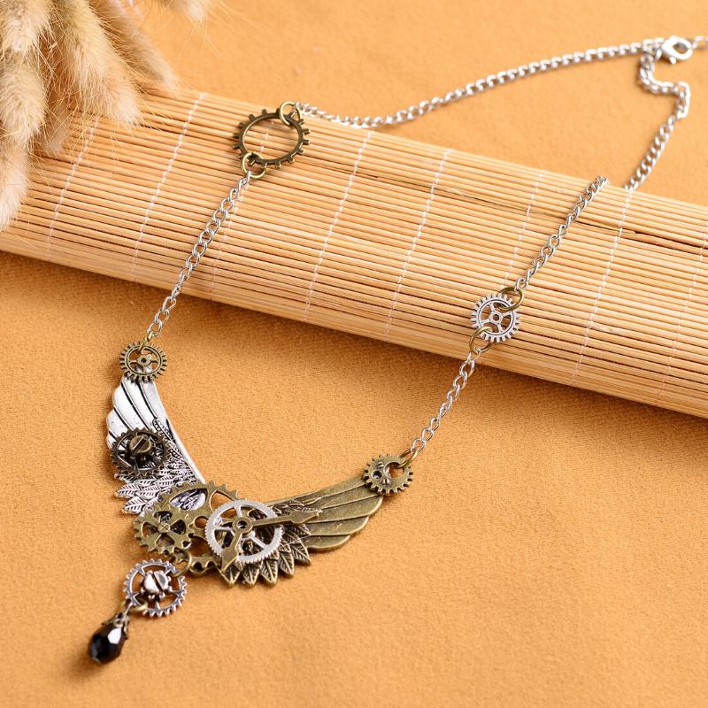 Vintage Unisex Κοσμήματα Steampunk Wings And Gear Κολιέ Crystal Drop Charm