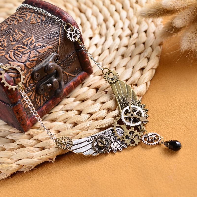 Vintage Unisex Κοσμήματα Steampunk Wings And Gear Κολιέ Crystal Drop Charm