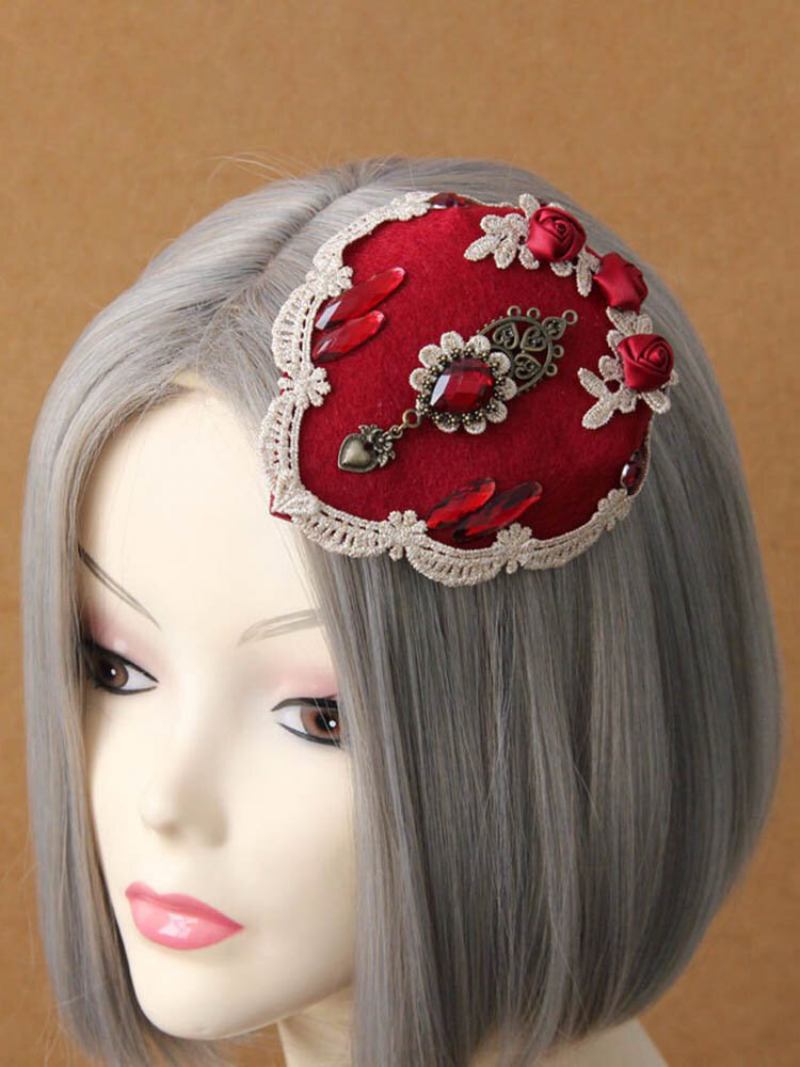 Vintage Cosplay Hairwear Wedding Red Rose Lace Crystal Heart Κοσμήματα Φουρκέτας