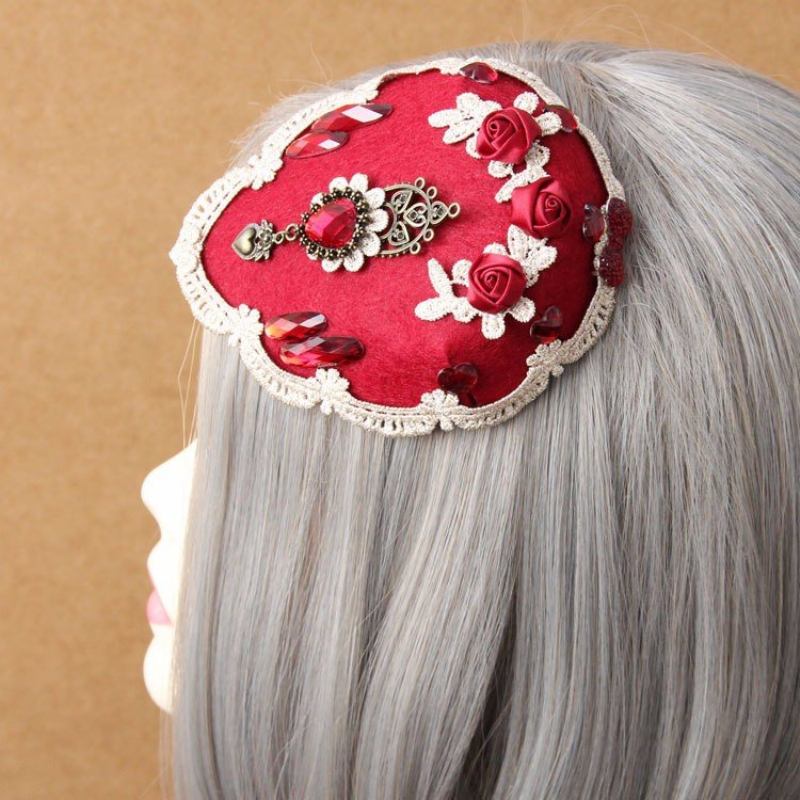 Vintage Cosplay Hairwear Wedding Red Rose Lace Crystal Heart Κοσμήματα Φουρκέτας