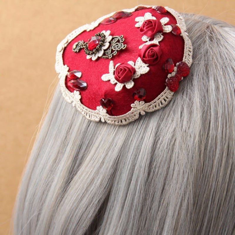 Vintage Cosplay Hairwear Wedding Red Rose Lace Crystal Heart Κοσμήματα Φουρκέτας