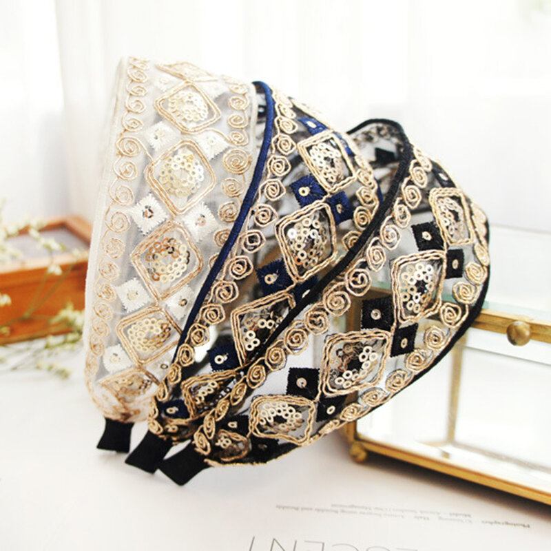 Vintage Δαντέλα Hairband Bohemian Geometric Diamond Πούλιες Κεντημένη Υφασμάτινη Κορδέλα