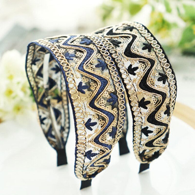 Vintage Δαντέλα Hairband Bohemian Geometric Diamond Πούλιες Κεντημένη Υφασμάτινη Κορδέλα