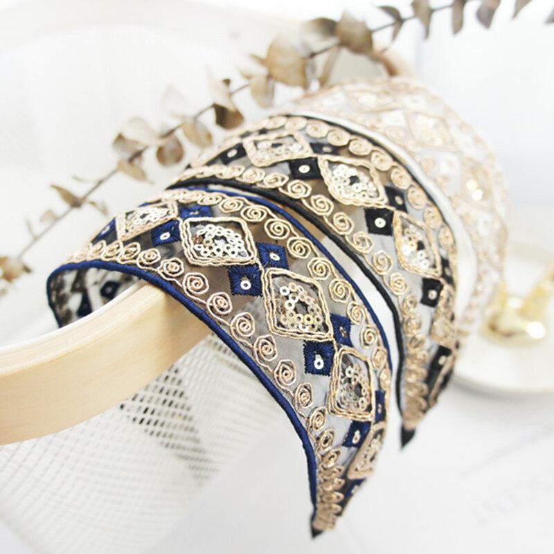 Vintage Δαντέλα Hairband Bohemian Geometric Diamond Πούλιες Κεντημένη Υφασμάτινη Κορδέλα