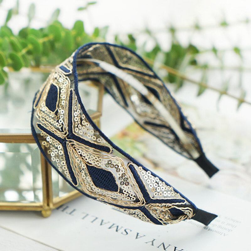 Vintage Δαντέλα Hairband Bohemian Geometric Diamond Πούλιες Κεντημένη Υφασμάτινη Κορδέλα