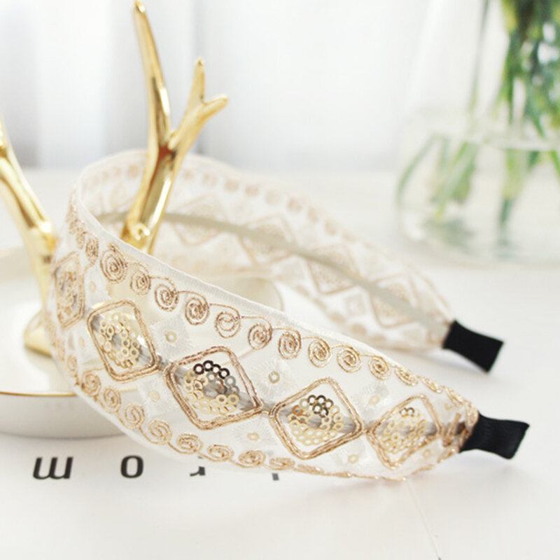 Vintage Δαντέλα Hairband Bohemian Geometric Diamond Πούλιες Κεντημένη Υφασμάτινη Κορδέλα