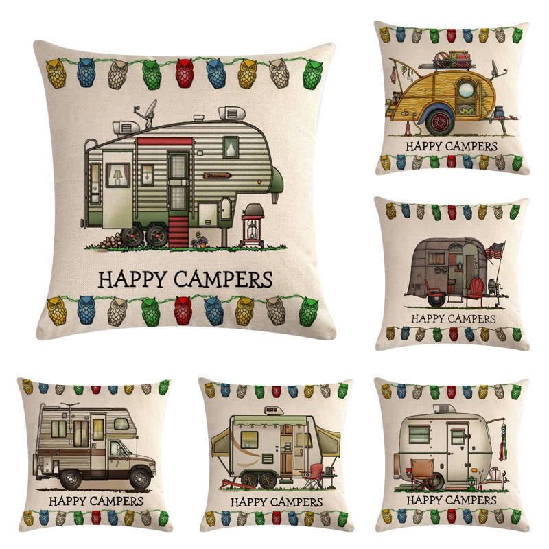 1 Pc Vintage Cartoon Camper Van Pattern Μαξιλαροθήκη Κάλυμμα Μαξιλαριού Για Καναπέ Σπιτιού Art Decor