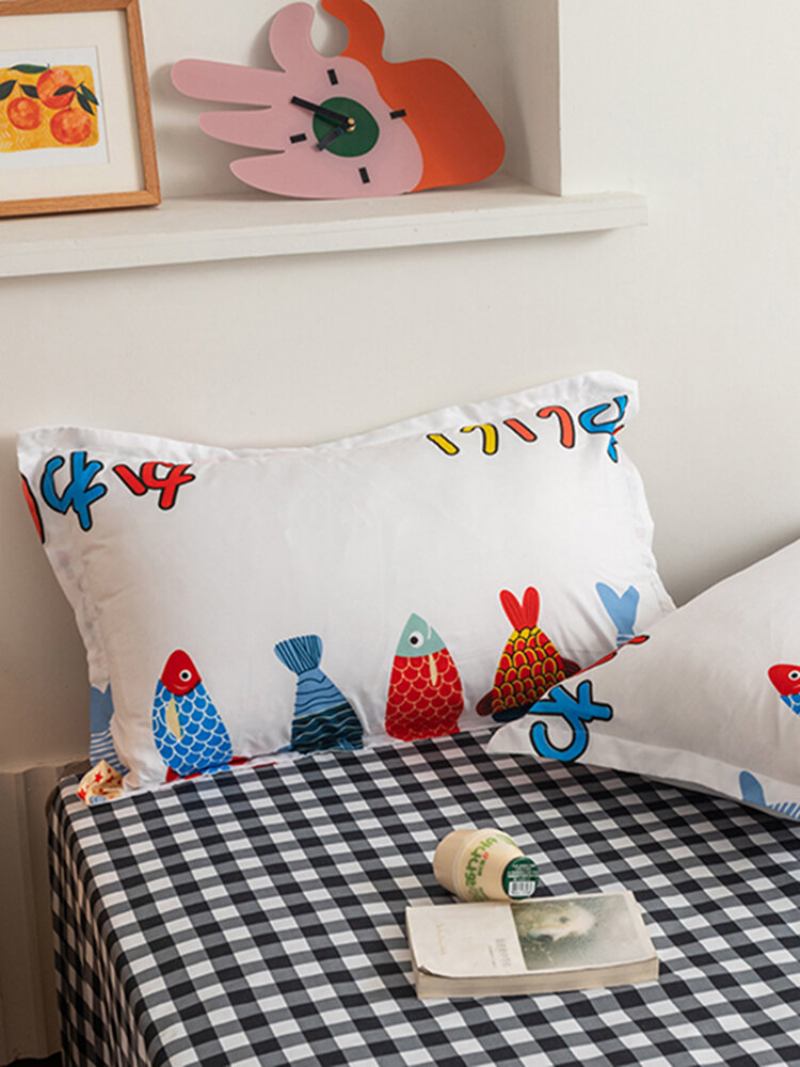 3/4 Τμχ Cartoon Fish And Plaid Print Αβ Όψης Aloe Cotton Άνετο Σετ Κρεβατιού Παπλωματοθήκη Μαξιλαροθήκη