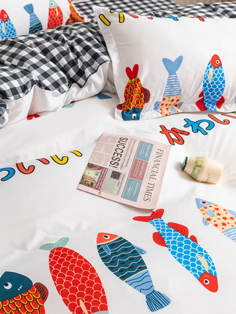 3/4 Τμχ Cartoon Fish And Plaid Print Αβ Όψης Aloe Cotton Άνετο Σετ Κρεβατιού Παπλωματοθήκη Μαξιλαροθήκη