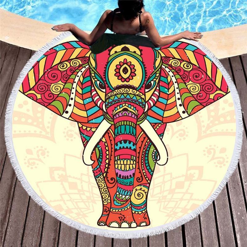 3d Totem Bohemian Mandala Elephant Printing Πετσέτες Θαλάσσης Από Μικροΐνες Σε Στρογγυλό Σχήμα Κουβέρτα Για Πικνίκ