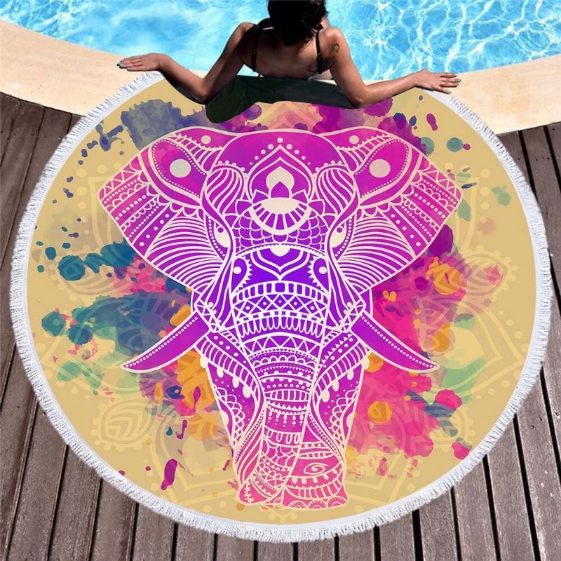 3d Totem Bohemian Mandala Elephant Printing Πετσέτες Θαλάσσης Από Μικροΐνες Σε Στρογγυλό Σχήμα Κουβέρτα Για Πικνίκ