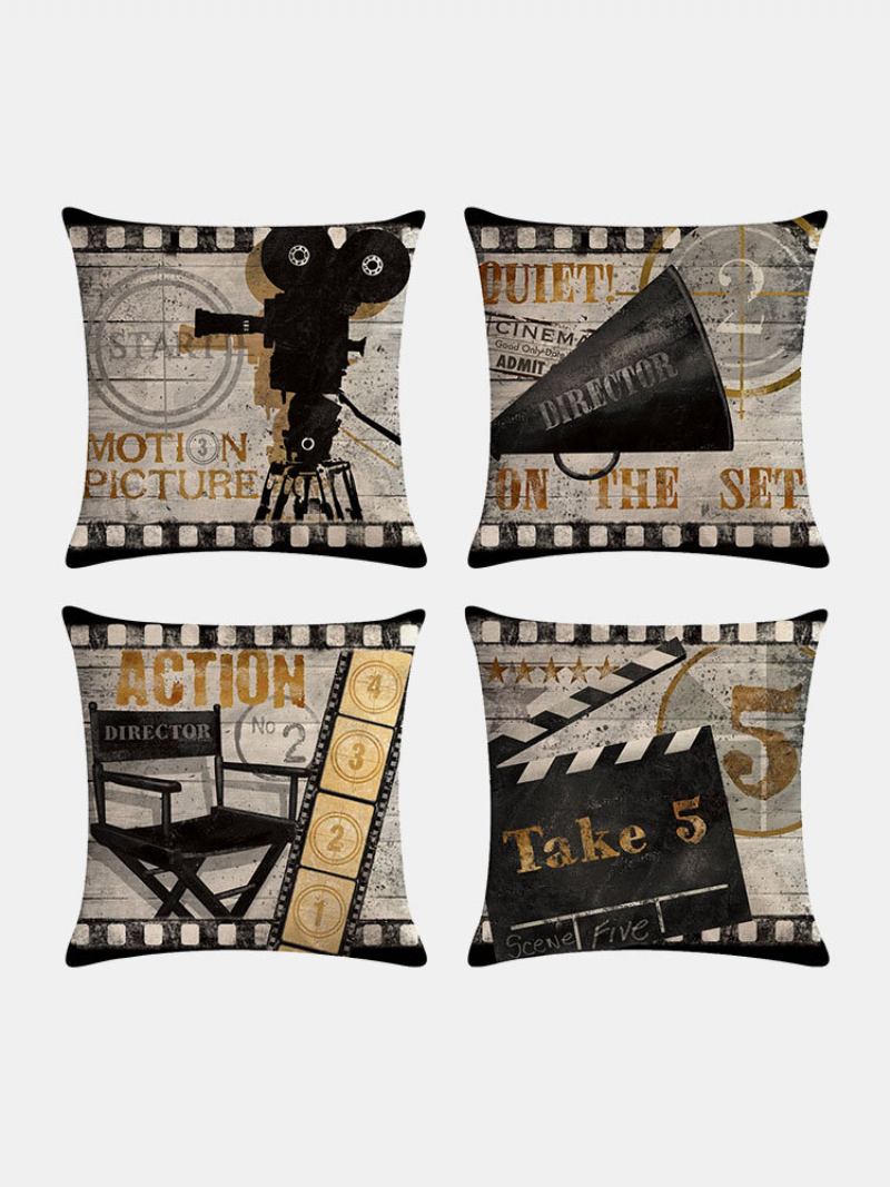 4 Τεμ. Vintage Retro Movie Projector Cinema Printed Len Cushion Κάλυμμα Οικιακού Καναπέ Διακοσμητικό Μαξιλαριού Μαξιλαροθήκες