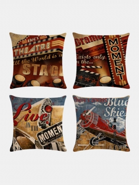 4 Τεμ. Vintage Retro Movie Projector Cinema Printed Len Cushion Κάλυμμα Οικιακού Καναπέ Διακοσμητικό Μαξιλαριού Μαξιλαροθήκες