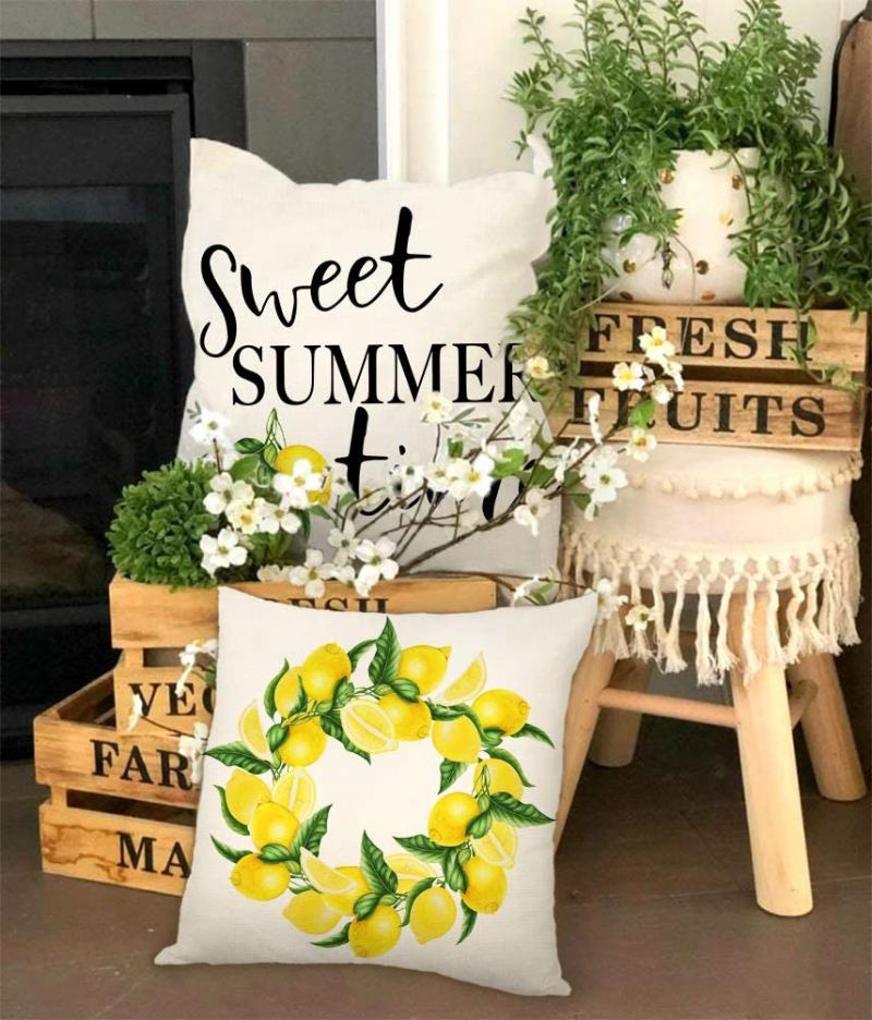 4 Τμχ Summer Lemon Farmhouse Quote Καλύμματα Μαξιλαριού Buffalo Truck Cushion Case Για Καναπέ 18 X 18 Ίντσες Βαμβακερά Λευκά Είδη