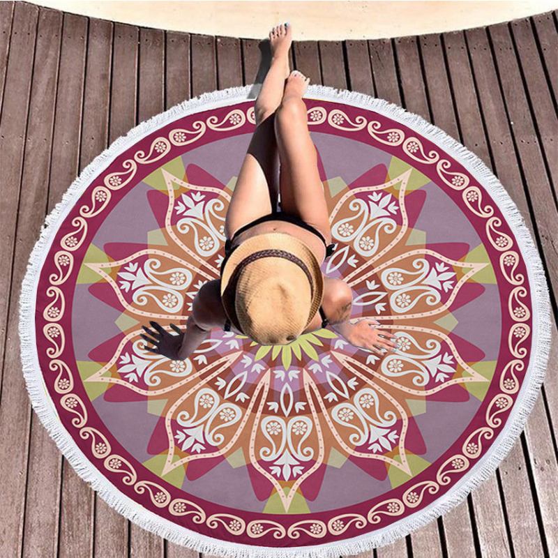 Bohemian Mandala Printing Microfiber Στρογγυλή Φούντα Πετσέτες Παραλίας Ματ Γιόγκα Κουβέρτα