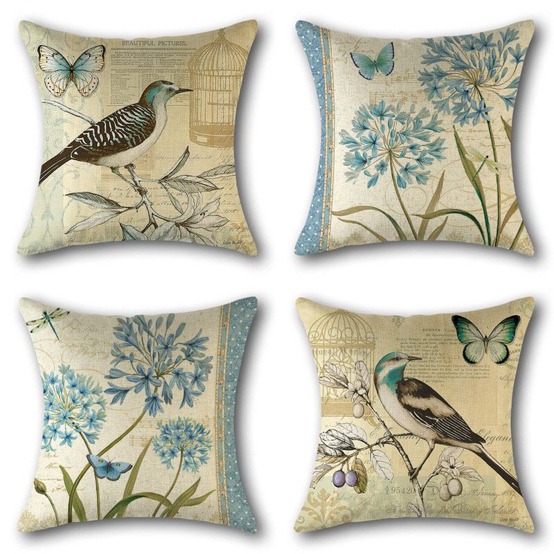 Κάλυμμα Μαξιλαριού Από Λινό Εκτυπωτικό Floral Vintage Birds