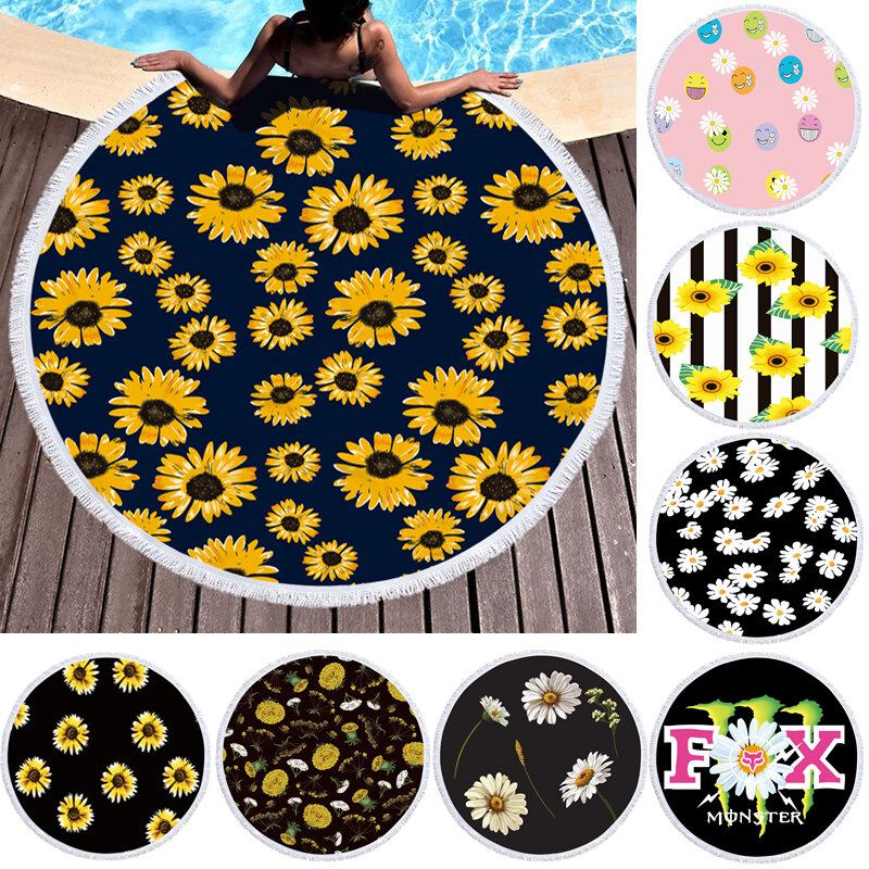 Κουβέρτα Με Πετσέτα Παραλίας Daisy Sunflower Round Hawaii Tropical Large Microfiber Terry Beach Roundie Palm Circle Χαλάκι Γιόγκα Για Πικ-νικ Χαλί Με Κρόσσια