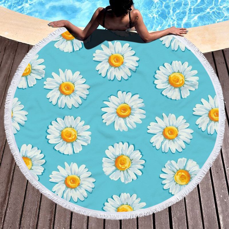 Κουβέρτα Με Πετσέτα Παραλίας Daisy Sunflower Round Hawaii Tropical Large Microfiber Terry Beach Roundie Palm Circle Χαλάκι Γιόγκα Για Πικ-νικ Χαλί Με Κρόσσια