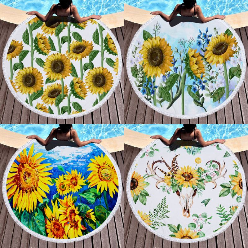 Κουβέρτα Sunflower Με Πετσέτες Παραλίας Hawaii Hawaiian Tropical Large Microfiber Terry Beach Roundie Palm Circle Χαλάκι Γιόγκα Για Πικ-νικ Χαλί Με Κρόσσι