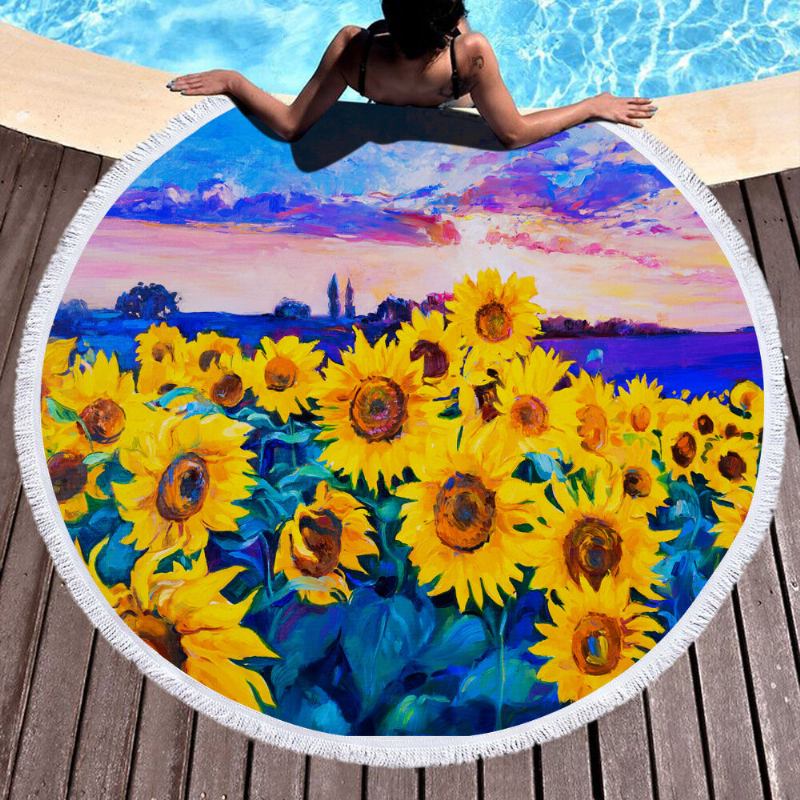 Κουβέρτα Sunflower Με Πετσέτες Παραλίας Hawaii Hawaiian Tropical Large Microfiber Terry Beach Roundie Palm Circle Χαλάκι Γιόγκα Για Πικ-νικ Χαλί Με Κρόσσι