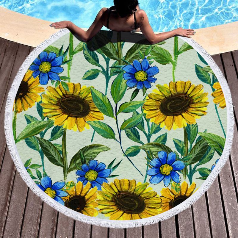 Κουβέρτα Sunflower Με Πετσέτες Παραλίας Hawaii Hawaiian Tropical Large Microfiber Terry Beach Roundie Palm Circle Χαλάκι Γιόγκα Για Πικ-νικ Χαλί Με Κρόσσι