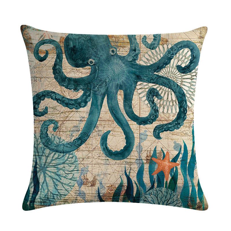 Octopus Turtle 45*45cm Κάλυμμα Μαξιλαριού Μαξιλάρι Λινό Ριχτάρι Διακοσμητικό Σπιτιού Διακοσμητική Μαξιλαροθήκη